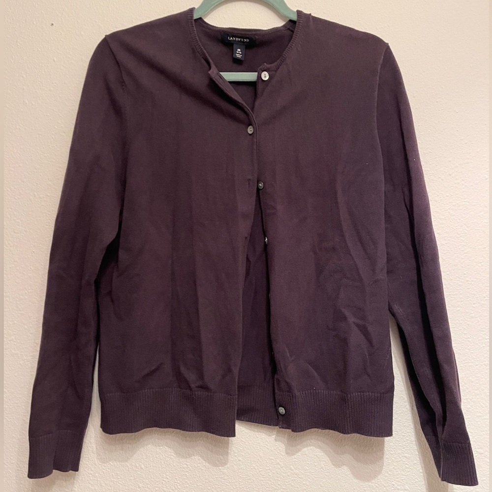 Lands End Sweater Medium Black Button Down Cardigan Long Sleeve cotton